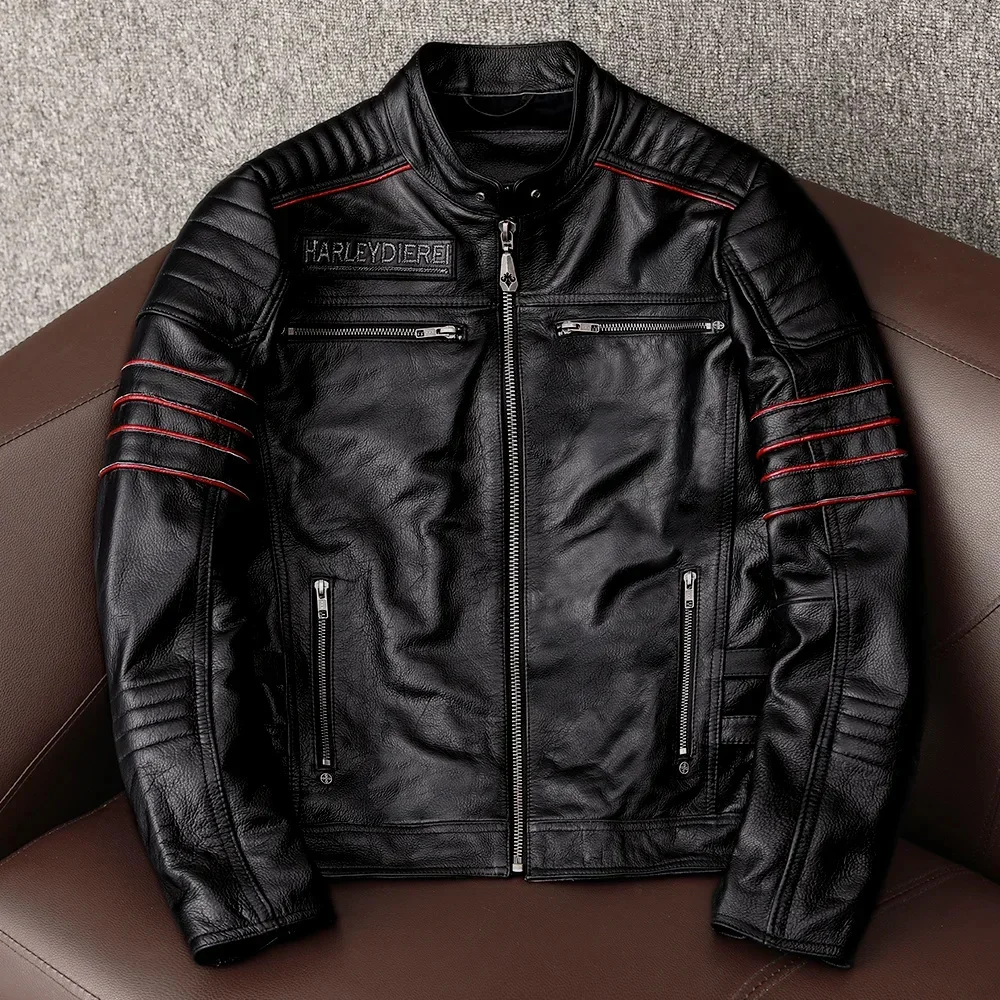 AYUNSUE Genuine Cow Leather Jacket Men Autumn Fashion Real Cowhide Coats Embroidery Short Jackets Motorcycle