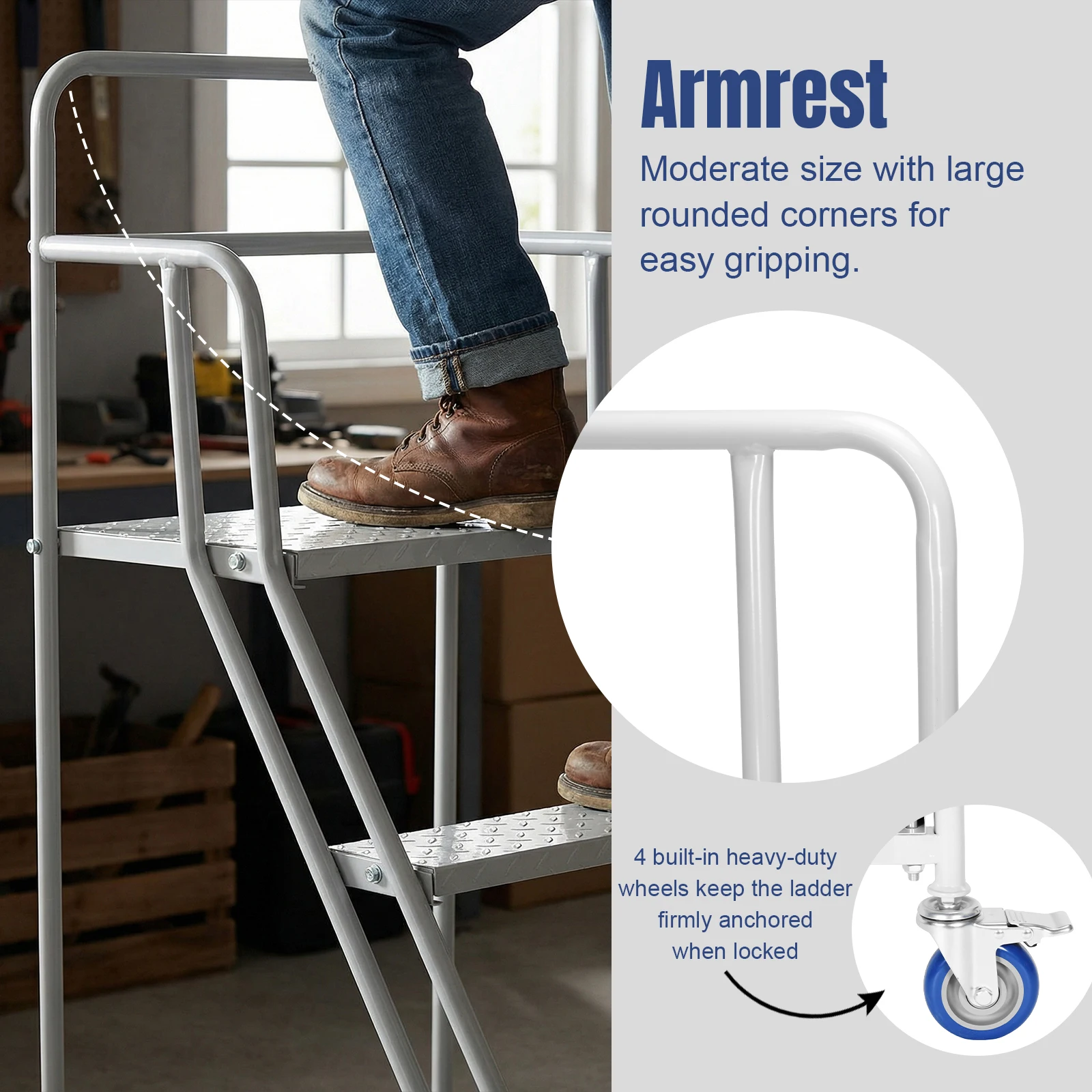 

4 Steps Rolling Steps Ladder 445LBs Capacity Industrial Heavy Duty Step Ladder W/ Wheels for Supermarket Library