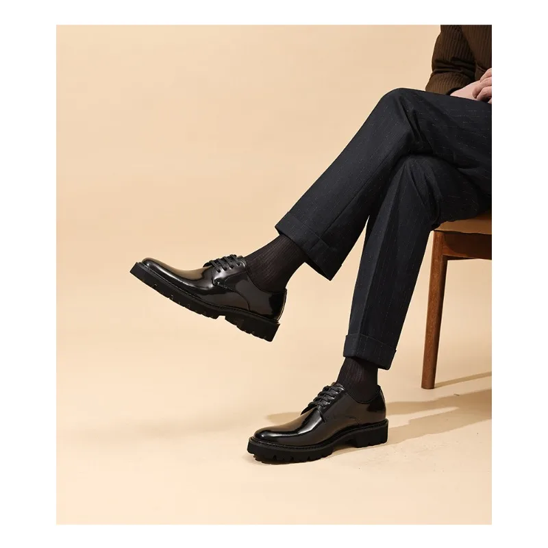 Men Formal Leather Shoes Business Dress Derby Round Toe Thick Sole Shiny British Style Wedding Groom Shoes