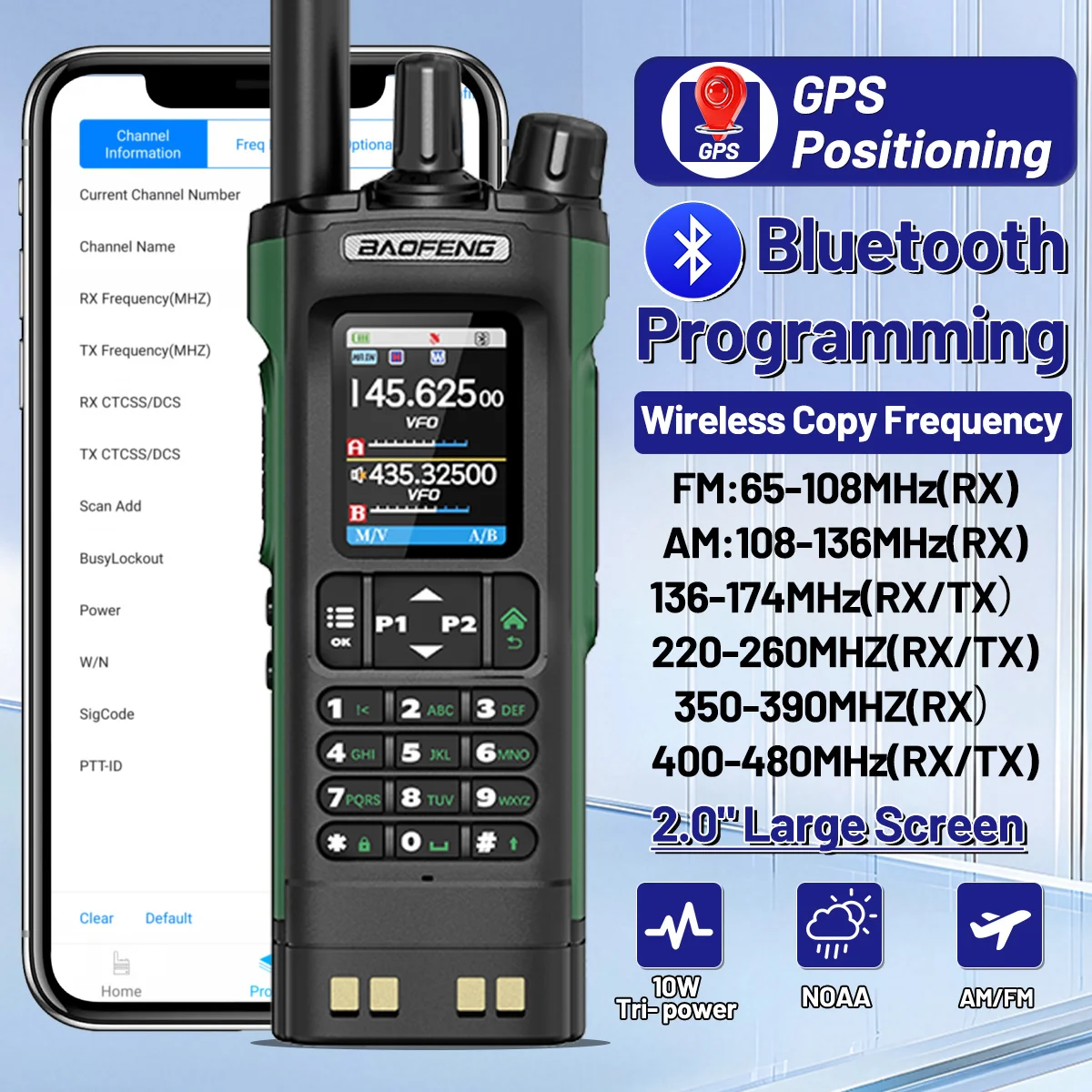BAOFENG UV-32 GPS Walkie Talkie 10W Wielozakresowe Radio Programowalne Bluetooth Bezprzewodowe Kopiowanie Częstotliwości NOAA AM/FM Type-C Daleki Zasięg Radio Dwukierunkowe dla Polowców i Aktywnych na — 2