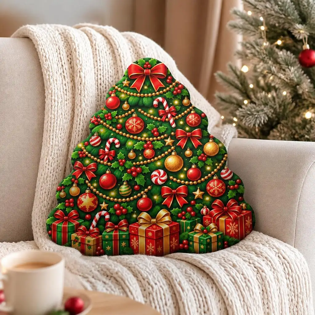Christmas Tree Colorful Ornament Green Festive Cartoon Shaped Pillow Double-Sided Print Throw Pillows for Home Decor Gift Sofa