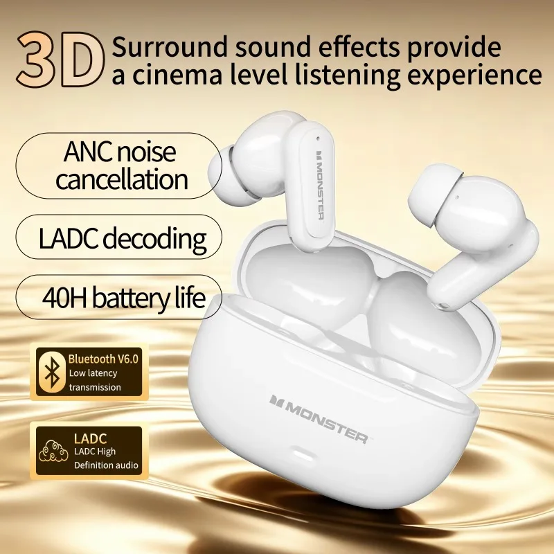 Monster HT20 ANC Wireless Earbuds Bluetooth 6.0 Earphones IPX5 Waterproof Low Latency Gaming Headphones Long Battery Life Unique