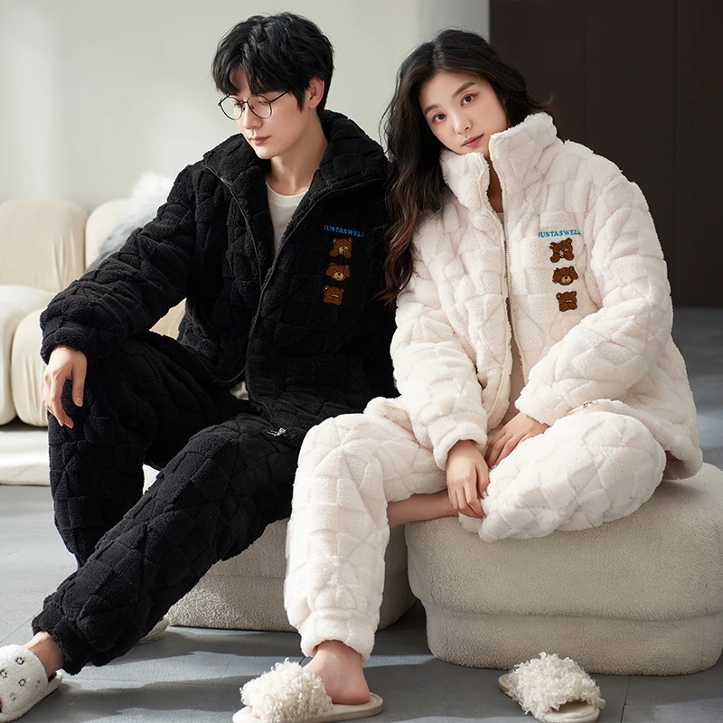 

High Quality Winter Couple Pajamas Set Thick 3 Layers Pyjamas Coral Velvet Quilted Pyjamas Women Men Home Wear