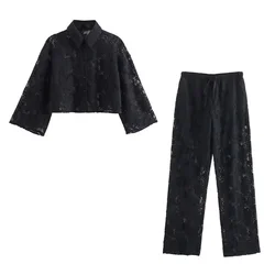 Zach Ailsa 2024 Summer New Women's Casual Fashion Polo Collar Long Sleeve Short Lace Suit Coat High Waist Long Pants Set