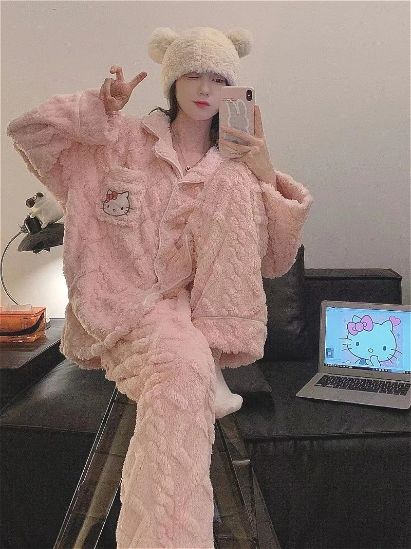 Kawaii Hello Kitty Winter Coral Fleece Long Sleeve Pajamas Women\'s Lapel Cartoon Thickened Sweet Anime Printed Home Clothes Set