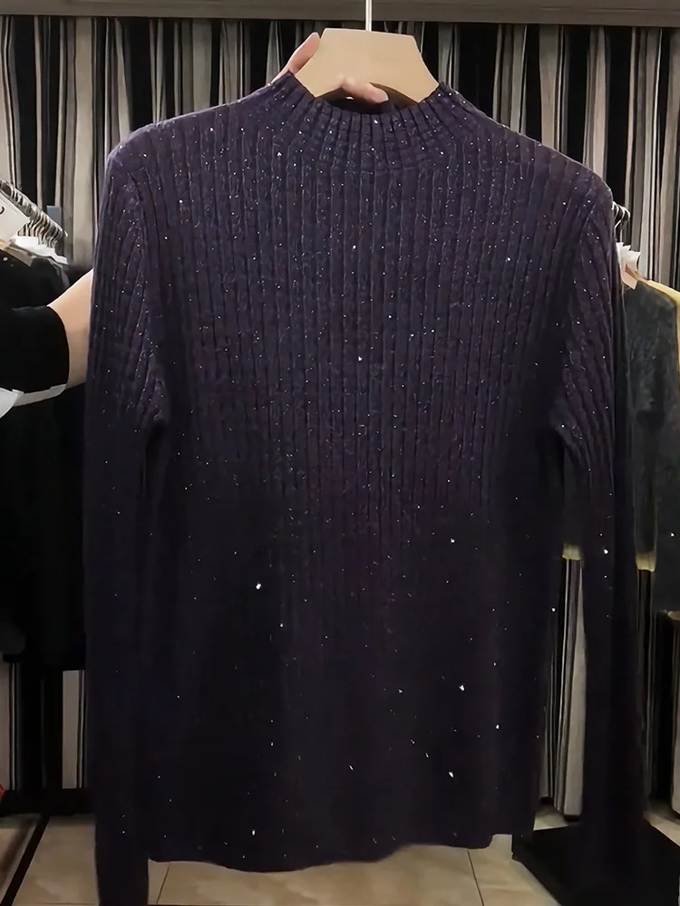 

iny Sequin Base Layer High Ne Knitwear Autumn New plus Size Slimming Versatile Top French Sle Snow Dr Clothes