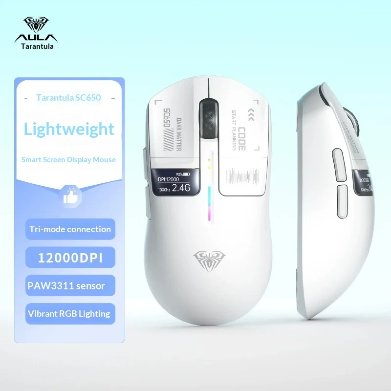 Aulas Sc650 Tri-Mode Wireless Gaming Mouse, Lightweight Wired Rechargeable Digital Display Screen Office Gamer Mouse