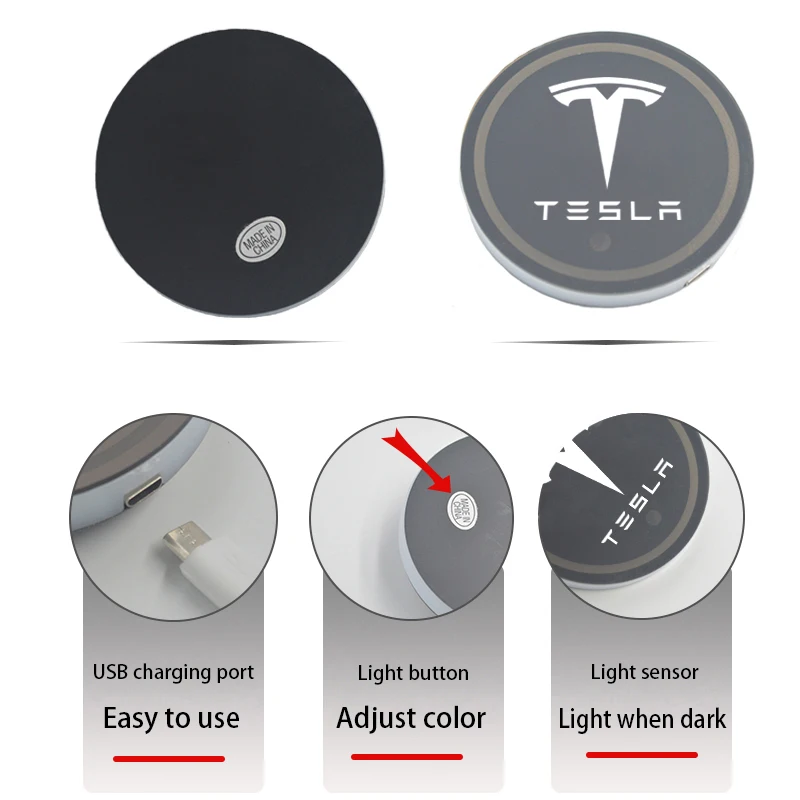 2Pcs 7 Colors Car LED Luminous Water Cup Pads Auto Coaster Mats for Tesla Model Y Model 3 Model S Model X Auto Accessories