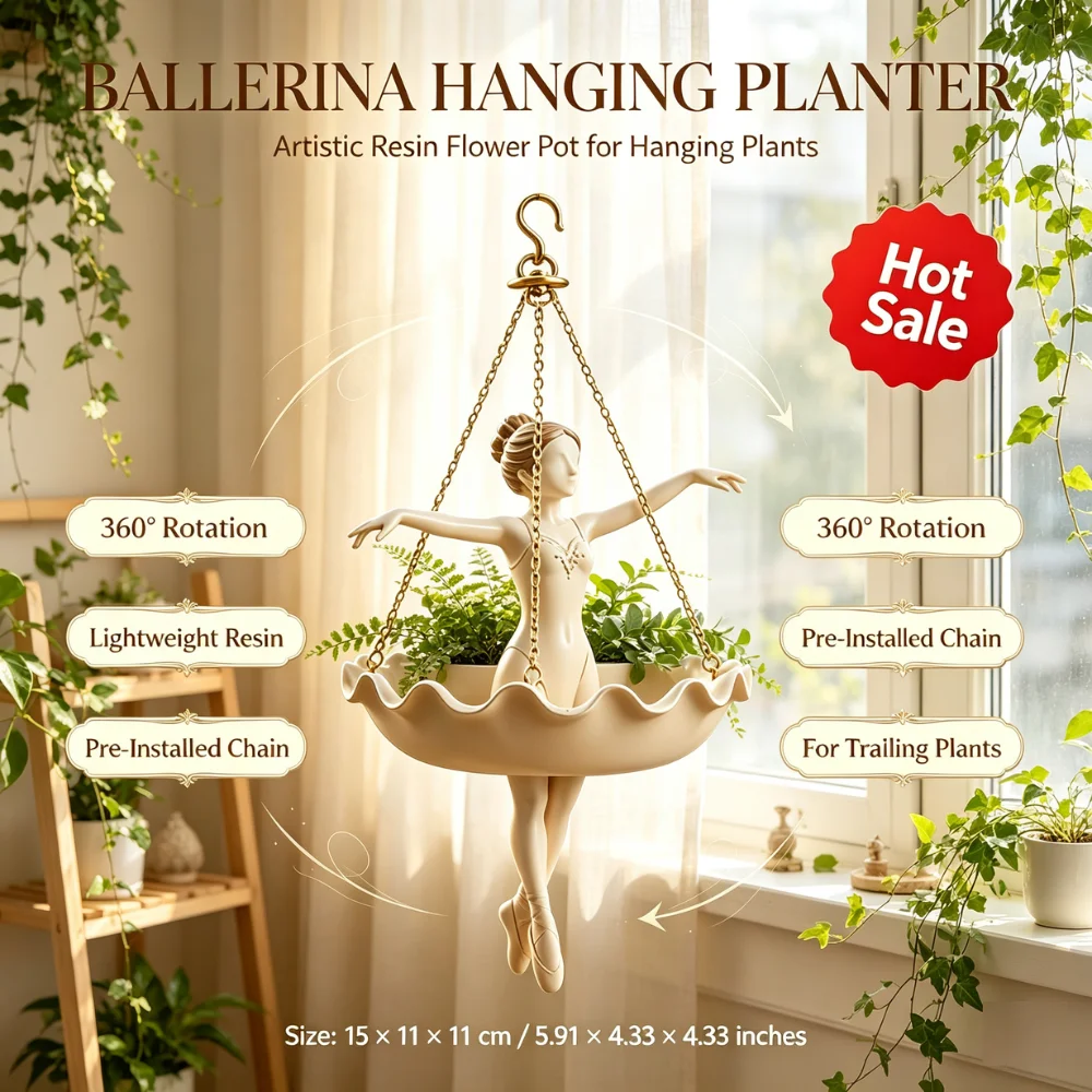 White Ballerina Hanging Planter Resin Flower Pot with 360 Degree Rotation for Ivy Succulents Balcony Patio Home Decor