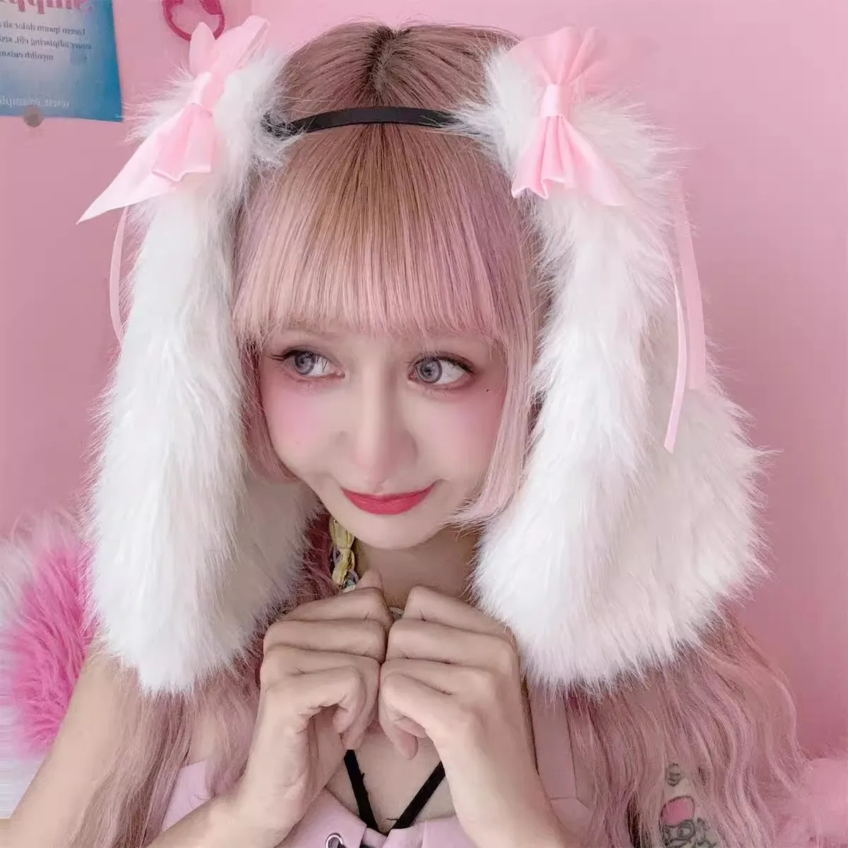 日本の巨大な毛皮のようなウサギの耳カチューシャバタフライマシンロリータ原宿サブカルチャーかぶと Y2K かわいい女の子コスプレ頭飾り