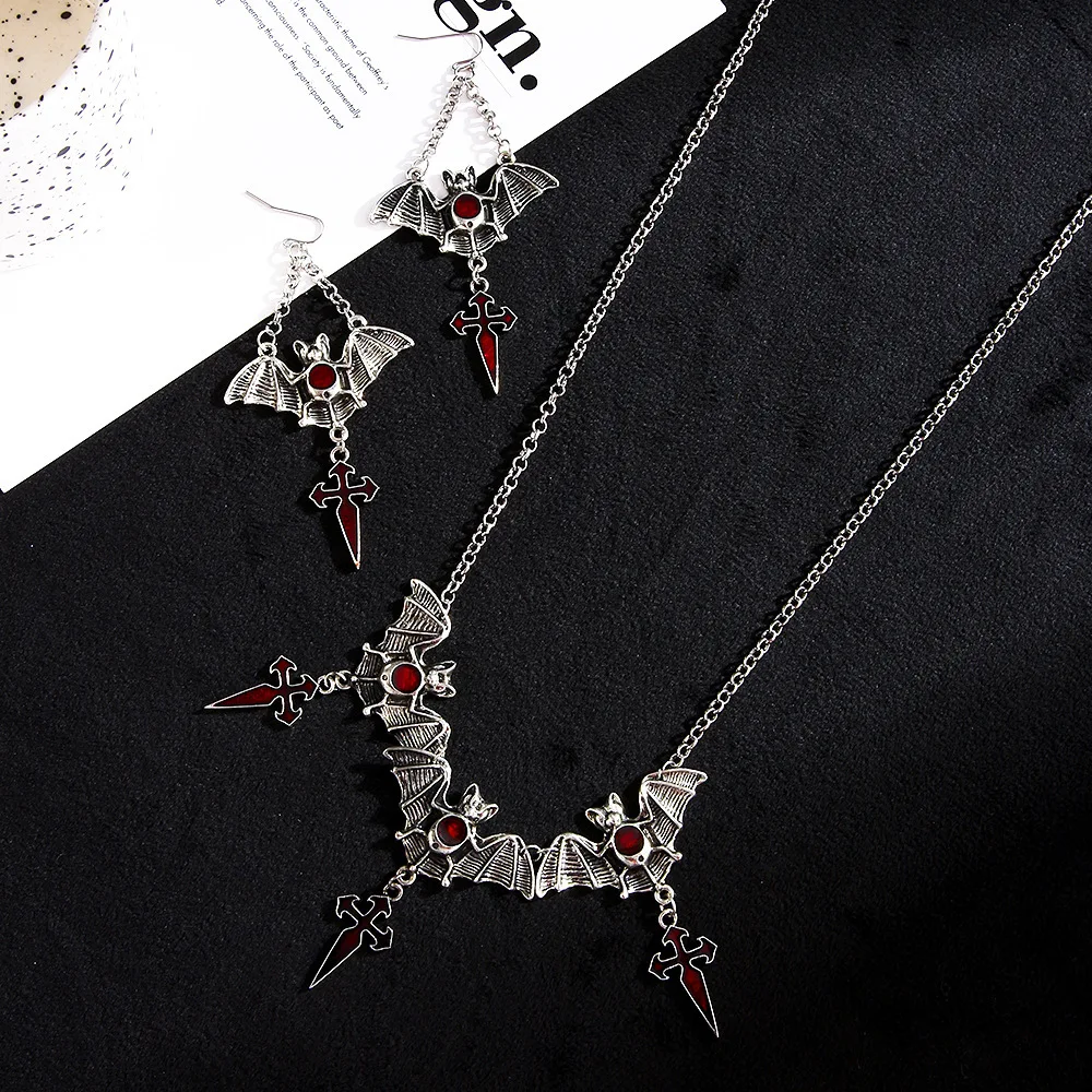 WANZHI New 3pcs Halloween Gothic Style Bat Cross Pendant Jewelry Set Exaggerated Exquisite Ruby Inset Necklace Bracelet Earrings