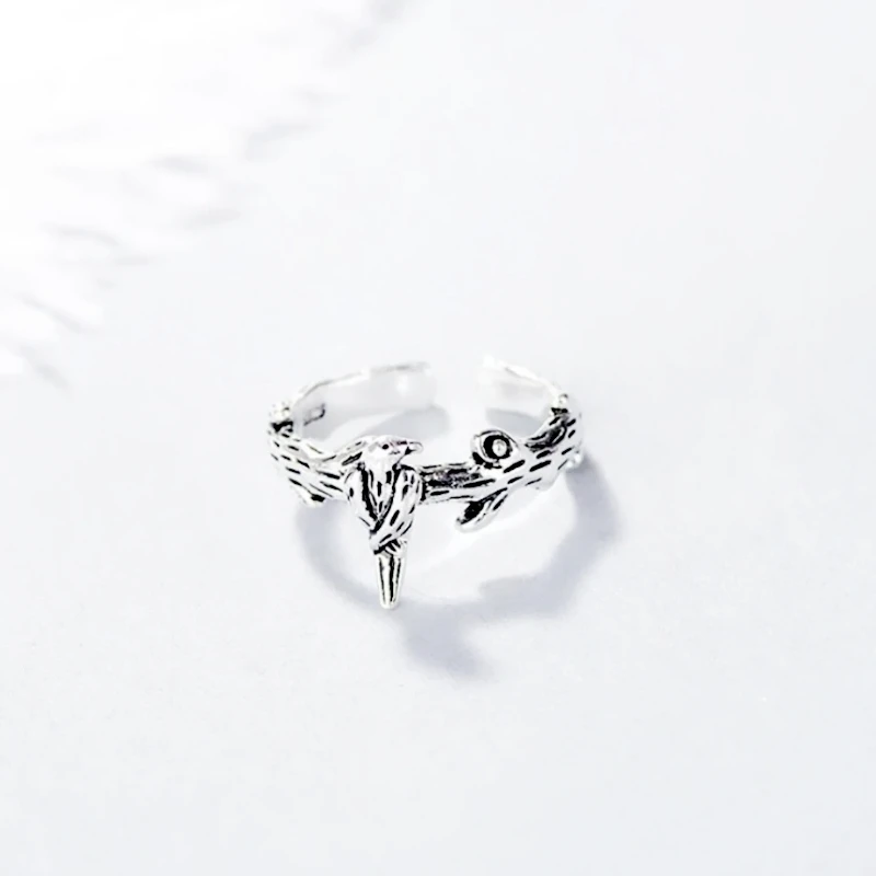 

Sole Memory Vintage Literary Tree Branch Bird Cute Wild 925 Sterling Silver Female Resizable Opening Rings RI229