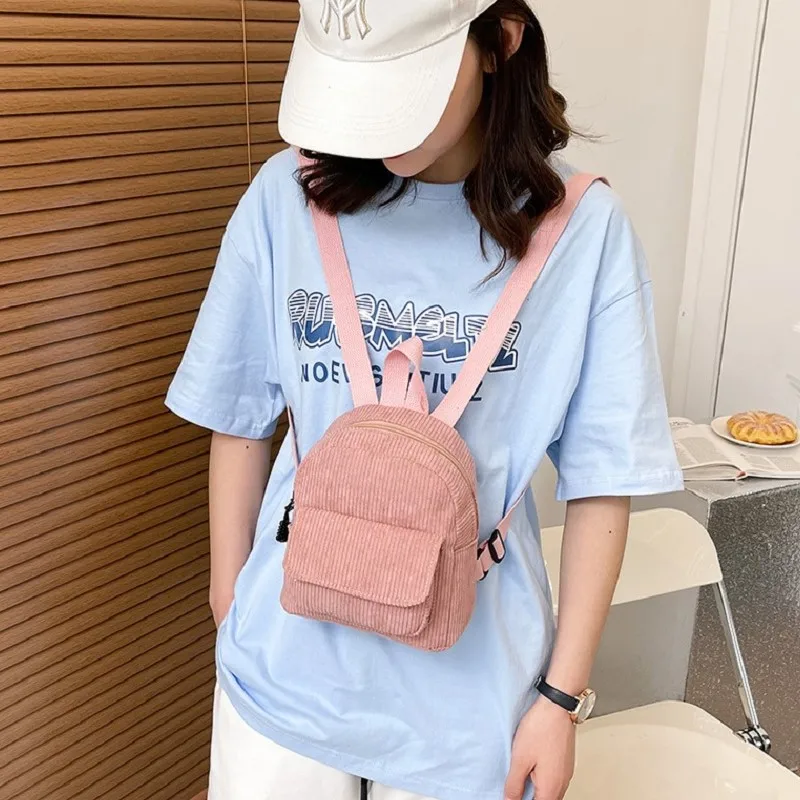 Fashion Women Mini Backpack Solid Color Corduroy Small Backpacks Simple Casual Student Bookbags Traveling Backpacks 2022