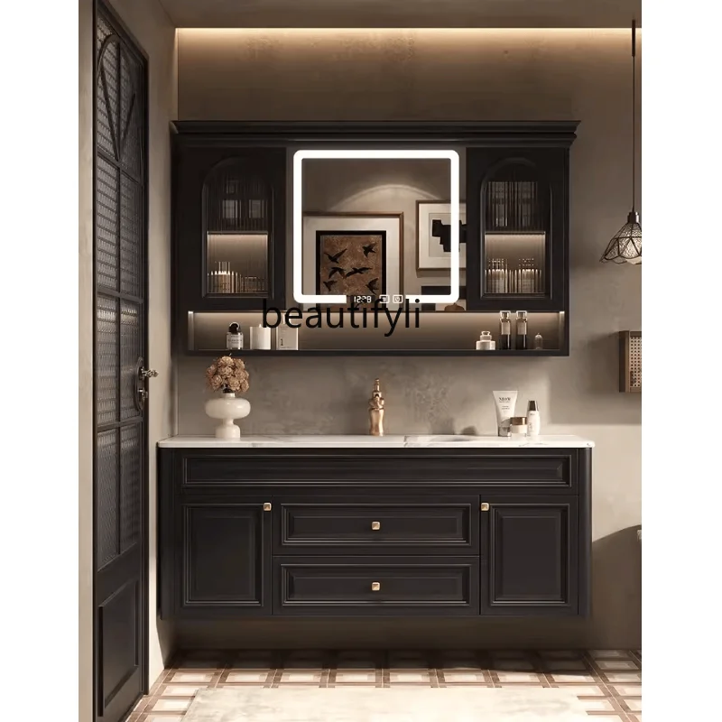 

American Style Bathroom Cabinet Combination Washstand Stone Plate Seamless Ceramic Basin French Retro Washbasin Cabinet