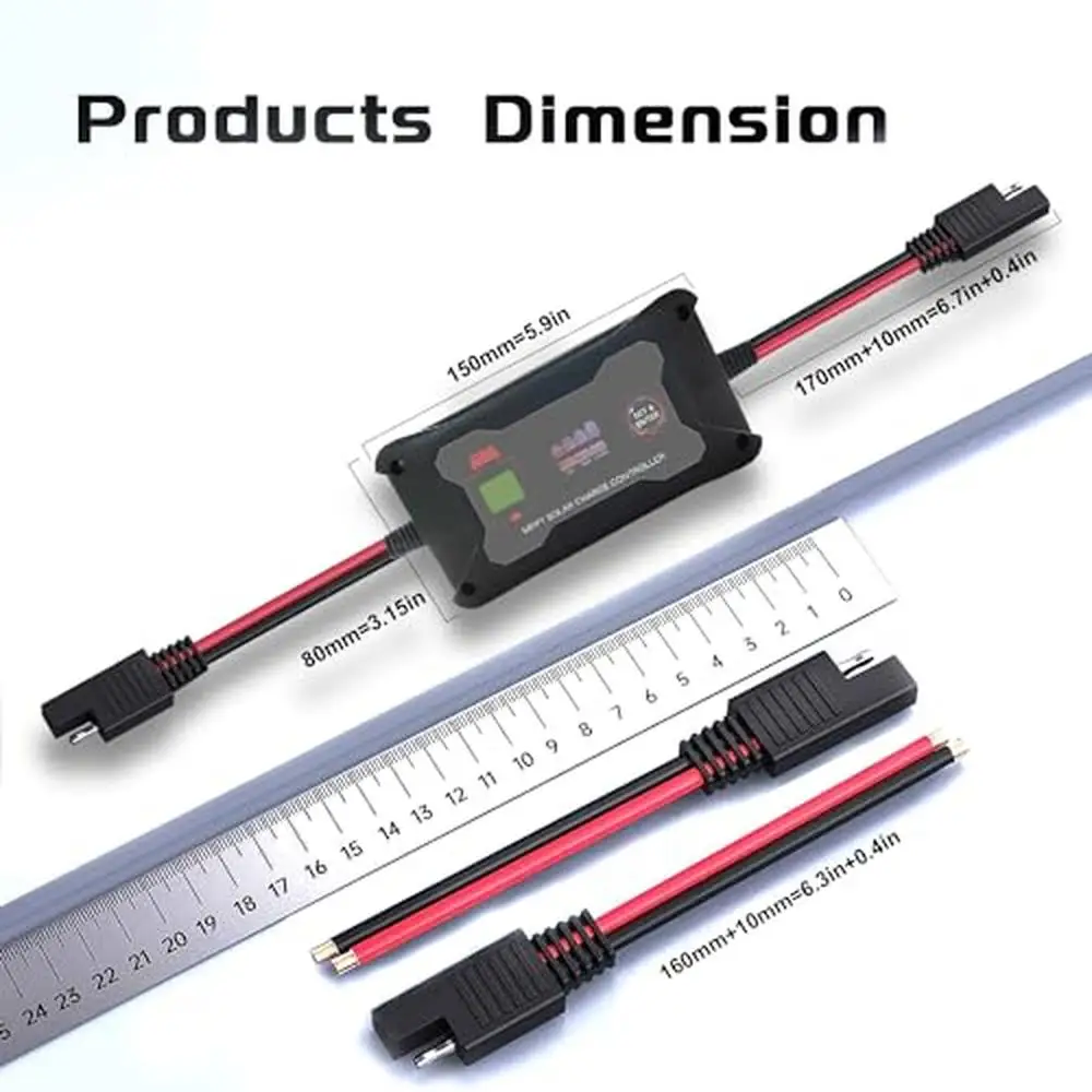 Portable MPPT Solar Charge Controller 20A 12V/24V AGM GEL LiFePo4 LCD Display LED Indicator SAE Connector 170mm Extension Cables