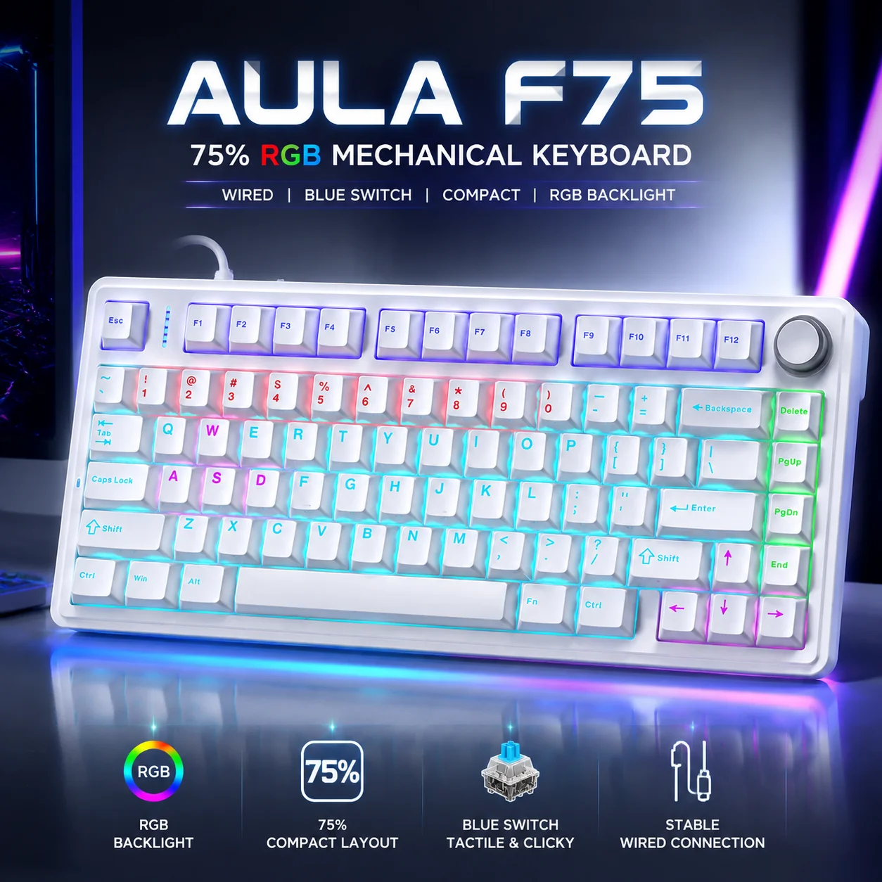 AULA F75 Single‑Mode Wired Mechanical Keyboard 75% Layout Gasket Hot‑Swap Metal Knob PBT RGB Low Latency Keyboard For Mac Win