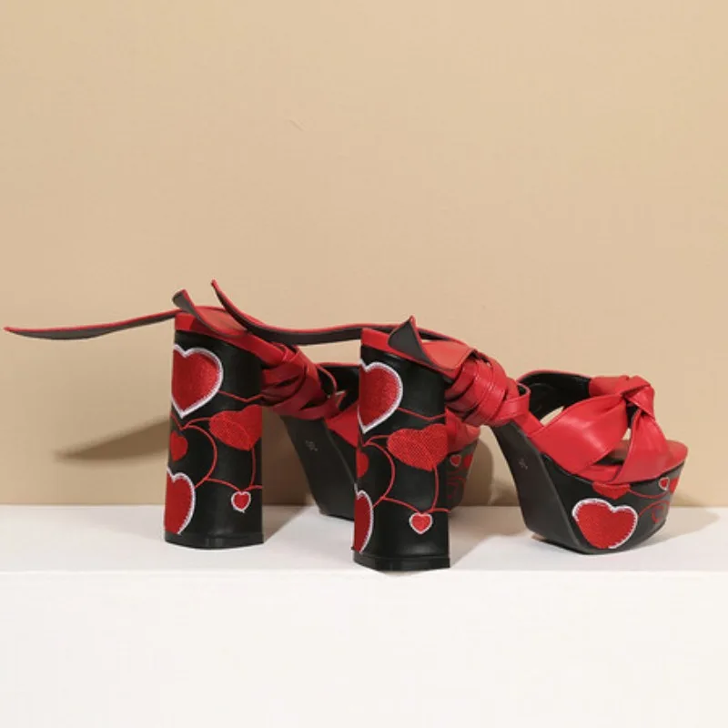 Women's Embroidery Lace up Sandals Platform Chunky Heels Shoes Summer Peep Toe Ankle Strap Party Shoes Sandalia Feminina view 4