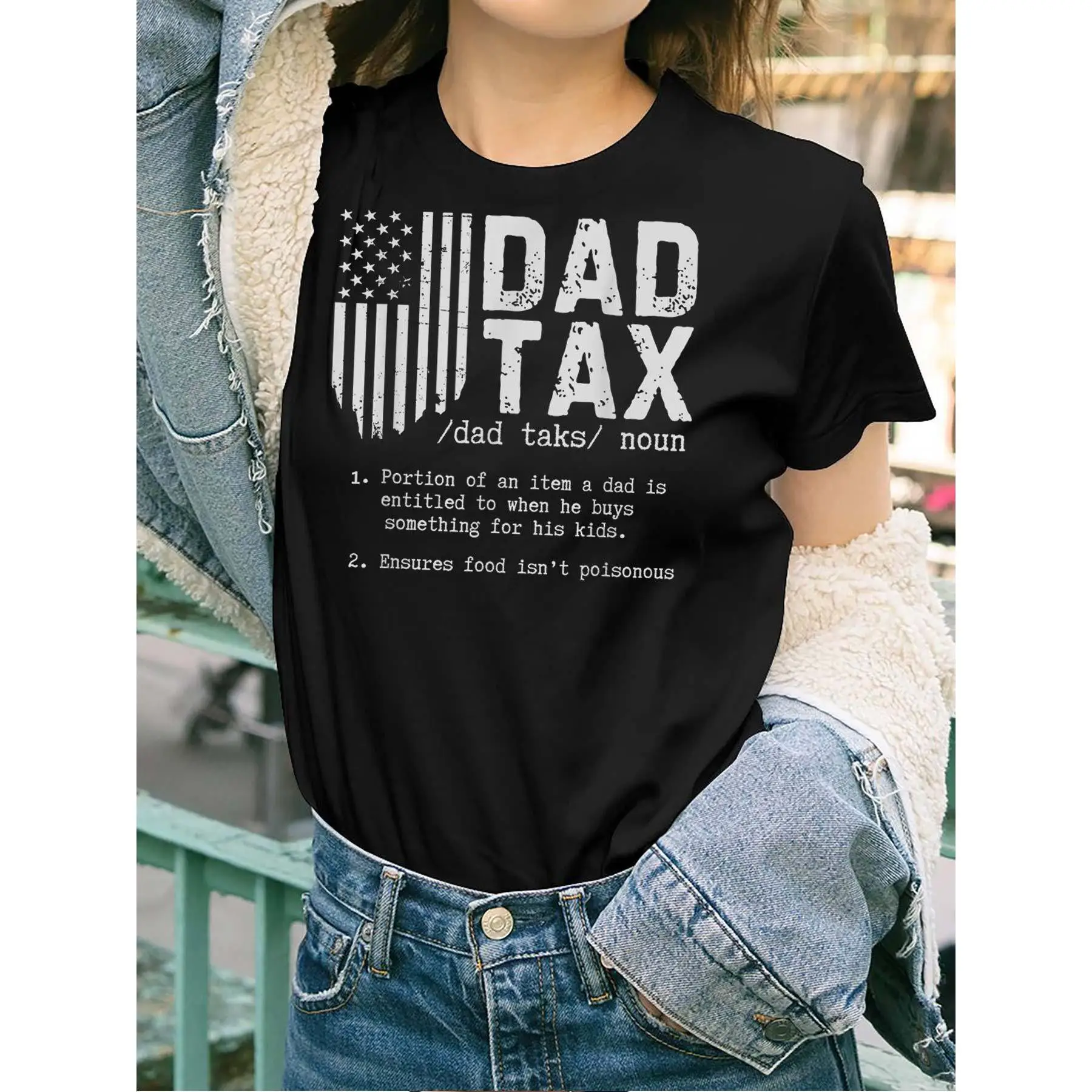 

Funny Dad Tax Definition Women's Short Sleeve T-Shirt - Humorous Father's Day Gift with American Flag Graphic, Machine Washable