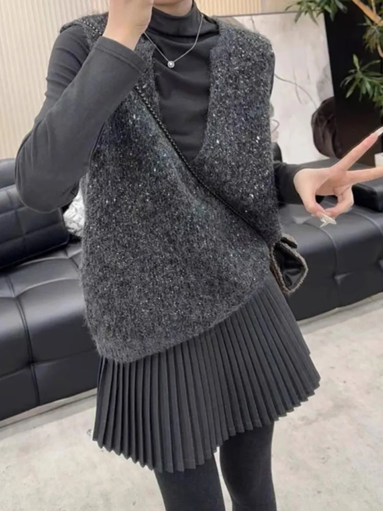 

Удобный сверкающий дизайн, вязаный свитер, топ, модный жилет с V-образным вырезом, универсальная многослойная верхняя одежда для женщин