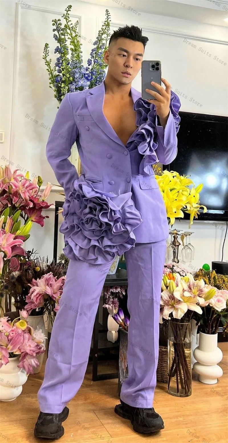 

Purple Men Suit Set 2 Piece Blazer+Pants Trousers 3D Flower Cotton Customized Formal Office Jacket Groom Wedding Tuxedo Coat