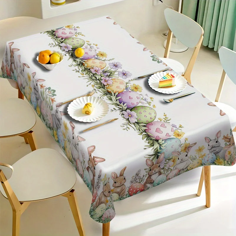 Easter Bunny Eggs Print Tablecloth for Table Decor Spring Watercolor Wildflowers Butterfly Dining Table Cloth Easter Decorations