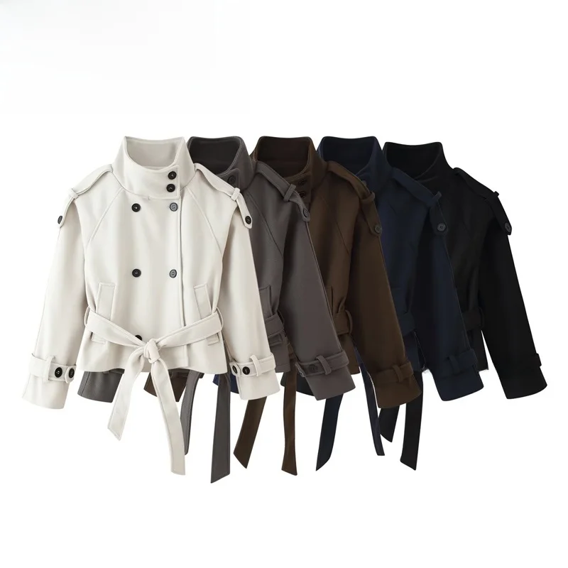 Fashionable Double-Breasted Stand-Collar Belted Woolen Jacket Versatile Women's Short Coat Stylish All-Match Design