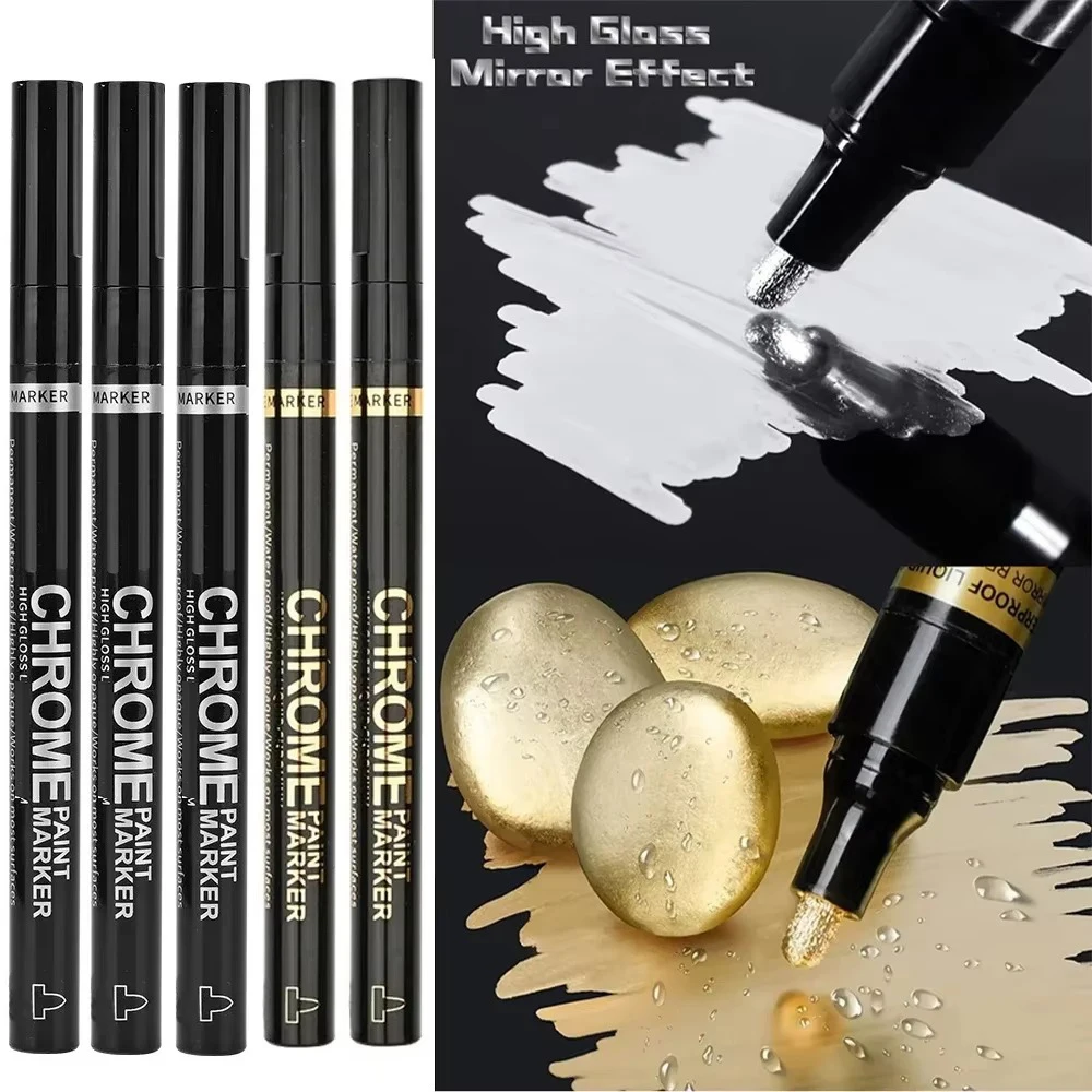 5/1pcs Chrome Pen Marker Spiegel Waterdichte Verf Reparatie Voor Rock Keramisch Glas Metallic Goud/Zilver 2mm Penpunt
