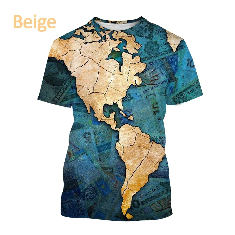 World Map 3D Printing Men\'s Short Sleeve T-Shirt World Map Plate Outline Design Men\'s and Women\'s Personality Short Sleeve Tops