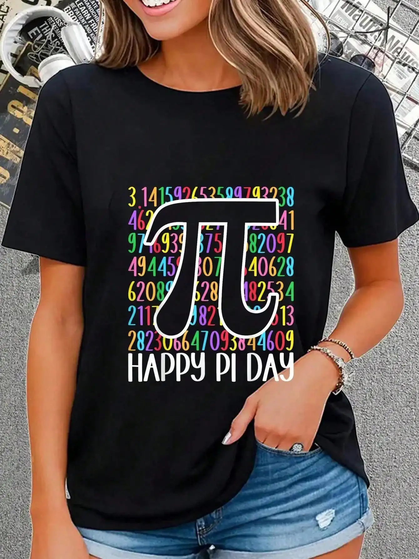 

Happy Pi Day" Colorful Math Symbols Graphic T-Shirt - Women's Casual Tee with Short Sleeves, Round Neck, Machine Washable