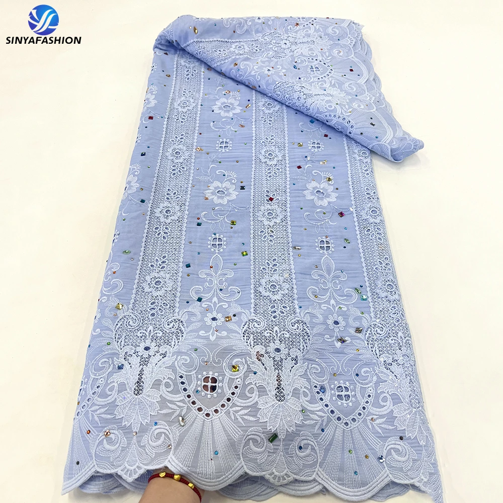 Sinya African Guipure Lace Fabric Embroidery With Crystal Stones 5 Yards High Quality Milk Water Soluble Cord Lace For Wedding