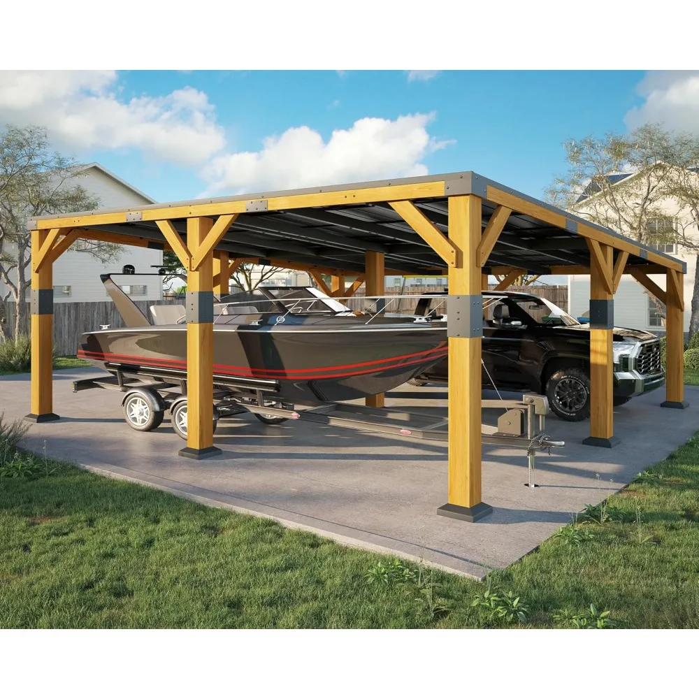 

20x20x9.2 FT Cedar Wood Carport with Sloped Galvanized Steel Roof, Heavy Duty Outdoor Shelter for 2 Cars, Trucks, Boats & Tract