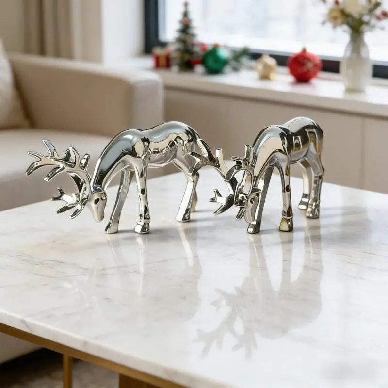 Reindeer Ornament Set 2Pcs Gold-Plated Standing And Lying for Christmas Kids Room Nursery Festive Decor