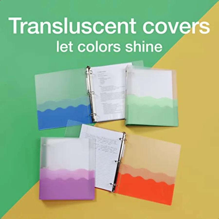 ウェーブバインダー 学校やオフィス用 強くて柔軟なポリ製 4ウェーブポケット 4色アソート 半透明カバー付き