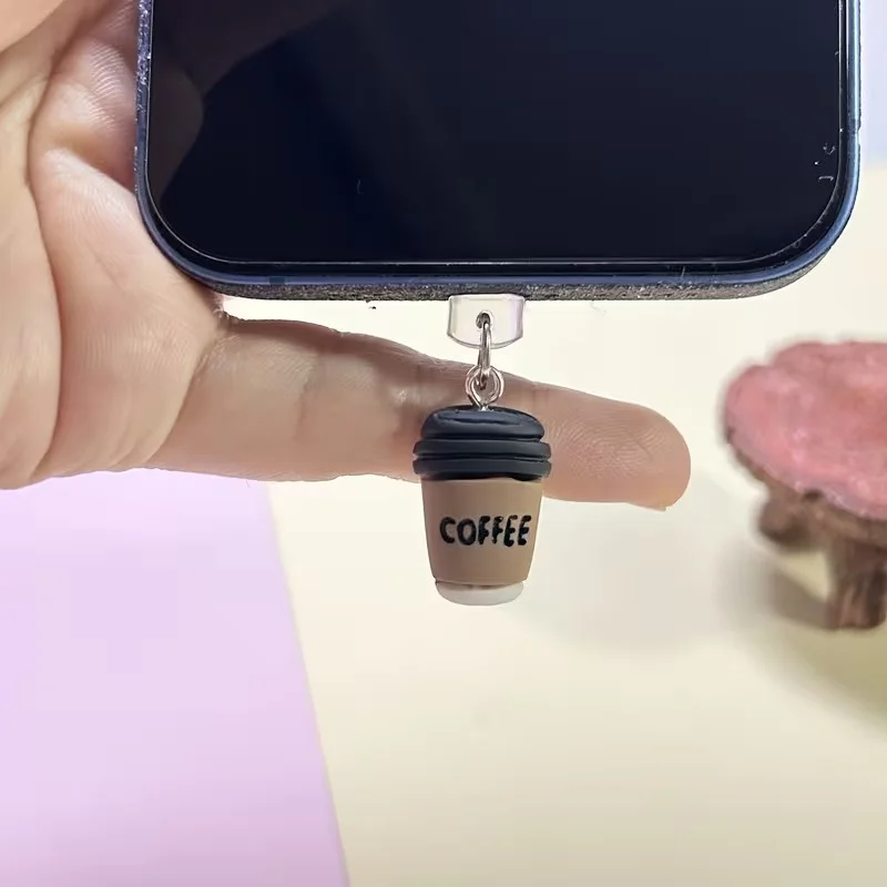Resin Coffee Cup White beard Pendant Phone Decor Dust Plug for iPhone / Android /Type-C Ports Stylish Decorative Phone Accessory