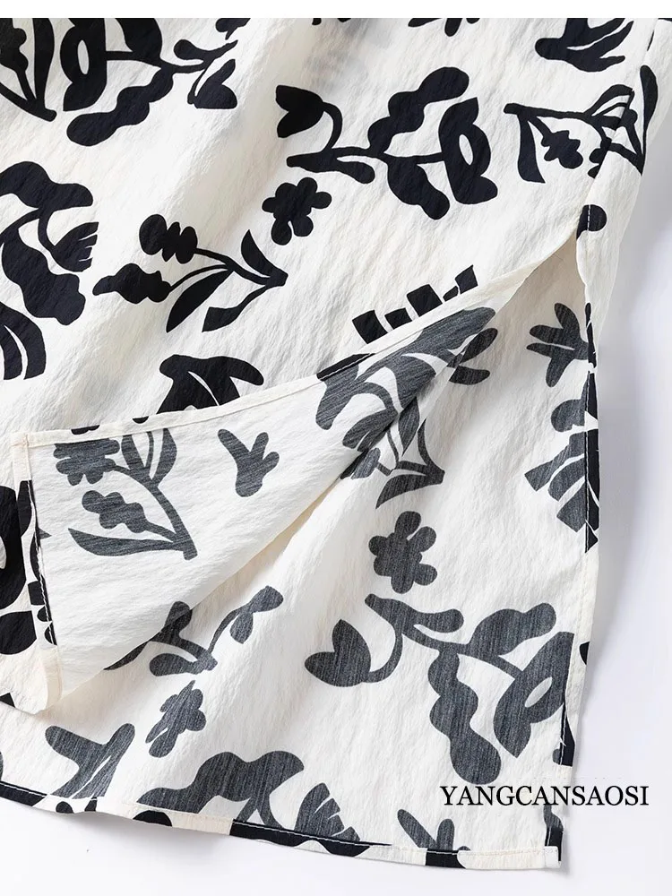 Atmosférico abstracto blanco y negro impreso moda moderna 76% seda de morera Natural seda seca hombro manga vestido dividido