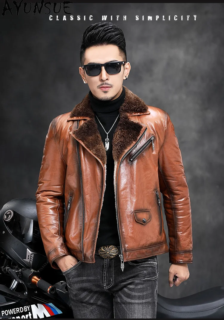 AYUNSUE Genuine Leather Jackets Cowhide Winter Men's Leather Jacket Warm Wool Liner Leather Jacket Кожаная Куртка Мужская