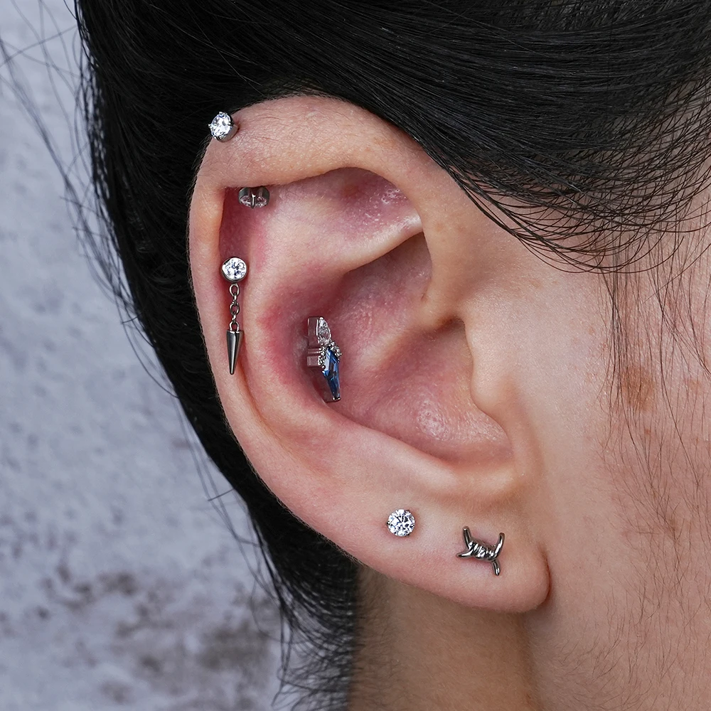 Right Grand ASTM F136 Titanium Bezel CZ Dangle Cone Labret Cartilage Earring Conch Helix Stud Tragus Spike Chain Drop Earring