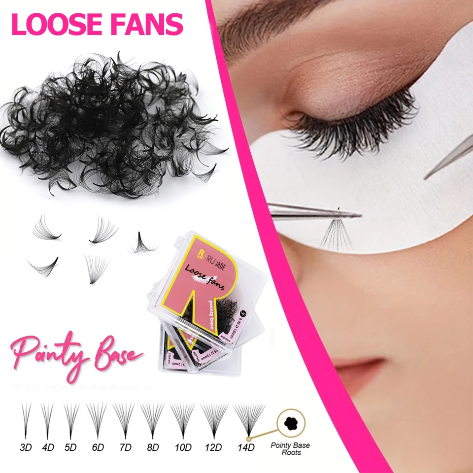 

Rujade 100/300/500Fans Handmade Premade Loose Fans Pointy Base Lashes Medium Slim Narrow Stem Sharp Loose Fans Eyelash Extension