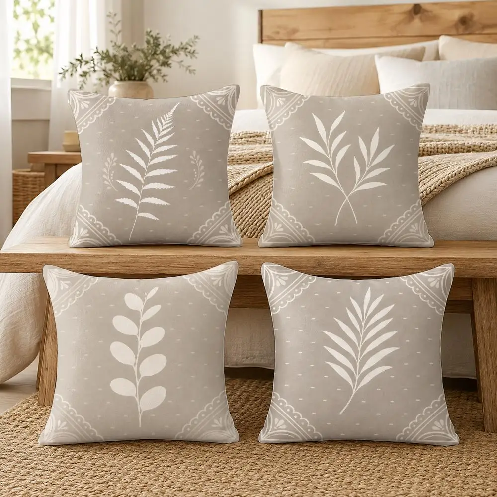 Neutral Minimalist Modern Fern  Cushion Cover Soft Short Plush Pillow Cover Smooth Cozy Texture Cushion Case Home Decor