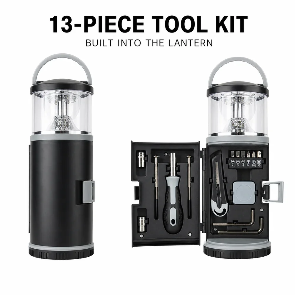 Portable LED Camping Lantern With Built-In 13-Piece Tool Set, White Light And Red Warning Mode For Car Home Outdoor Emergency 02