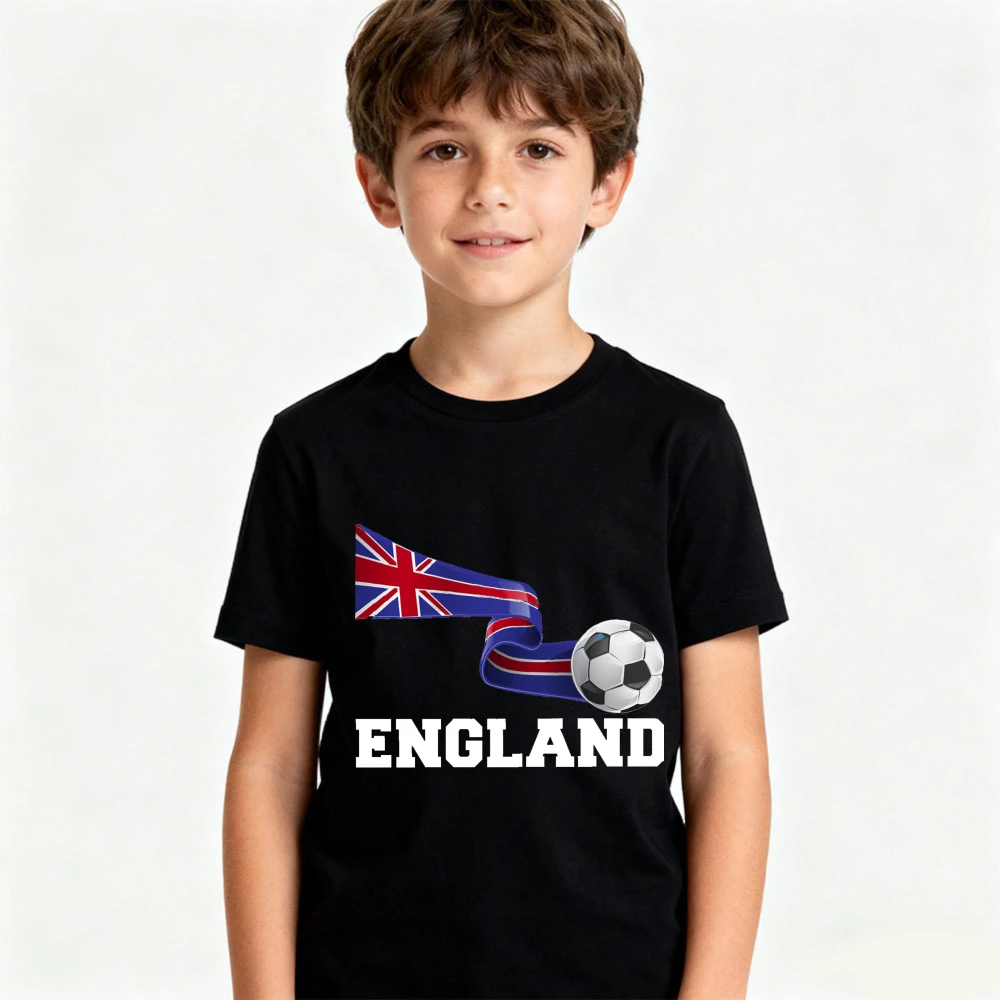 England Ribbon Flag Soccer Graphic Shirt Kids Boys Girls Cotton Short Sleeve Youth Soccer Fan Soccer Party Supplies Casual Shirt