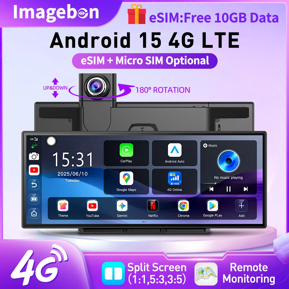 Imagebon M80 11.4' 4G Android 15 Dashcam Wireless CarPlay Android Auto 8-Core GPS Split Screen Parking Monitor ESIM Car Stereo