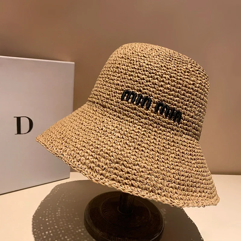 2025 Letter Sun Hat for Women Straw Beach Hats Women Large Wide Brim  Foldable Hat  Fashion Designer Outdoor Korean Bucket Hat