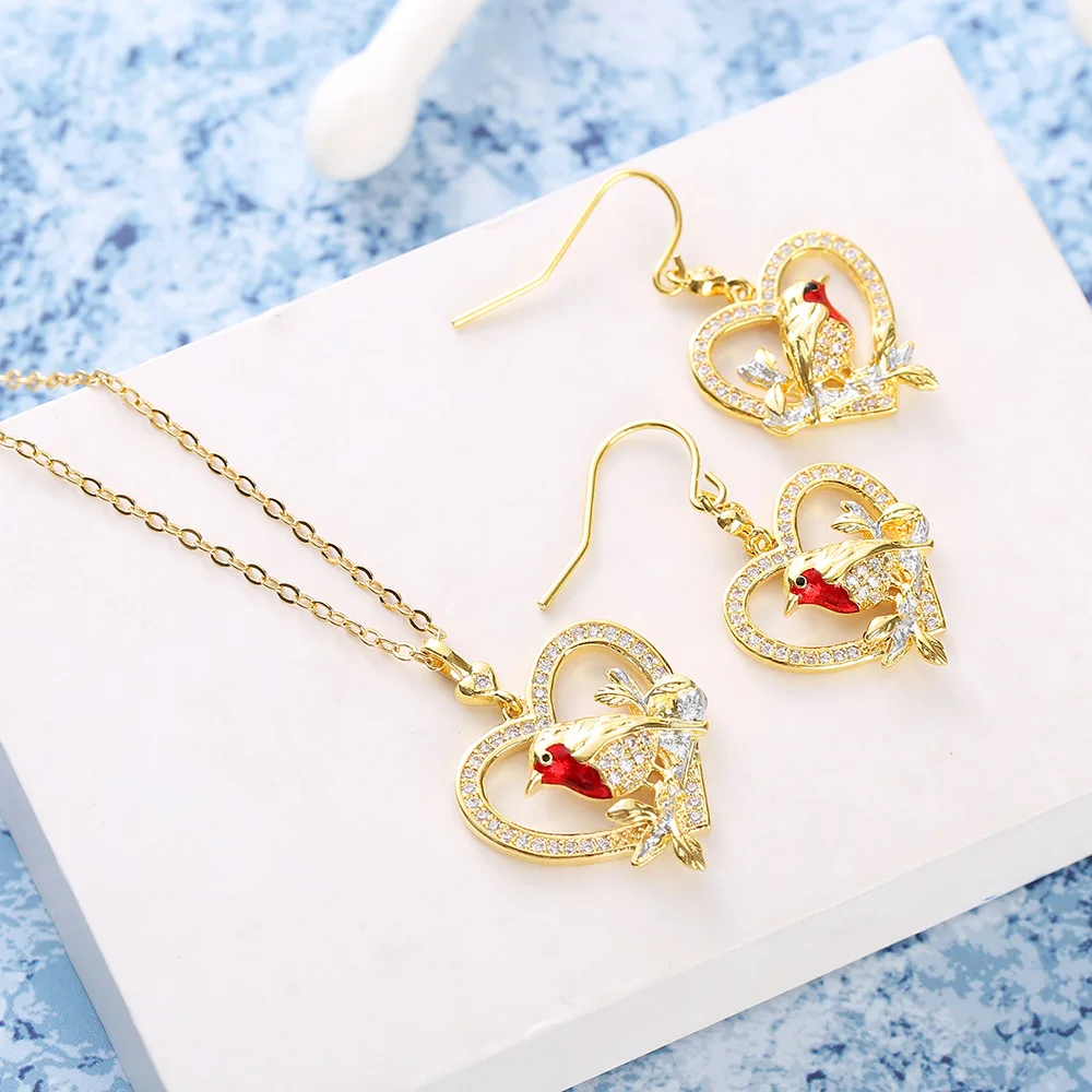 925 Sterling Silver Drop Earrings Creative Wing Bird Sparrow Heart Shaped Diamond Inlaid Magpie Two Tone Ear Jewelry For Girls