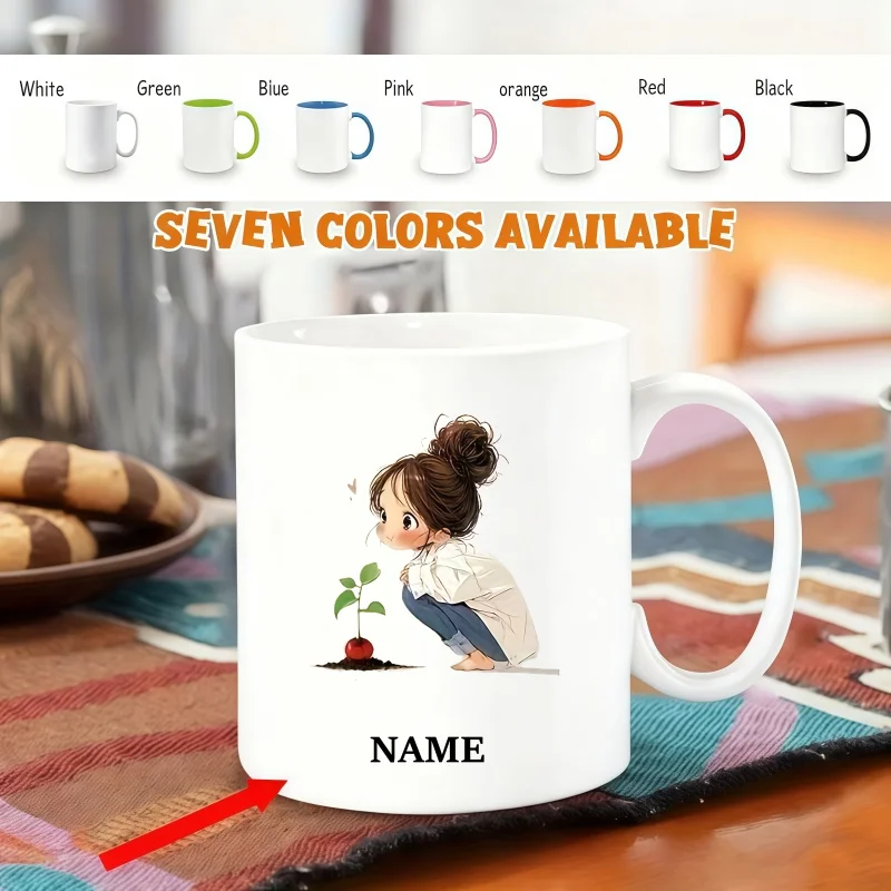 Customizable Name Mug - Adorable Anime Style Cup Featuring a Gentle Girl with a Bun Nurturing a Sprouting Cherry Seed