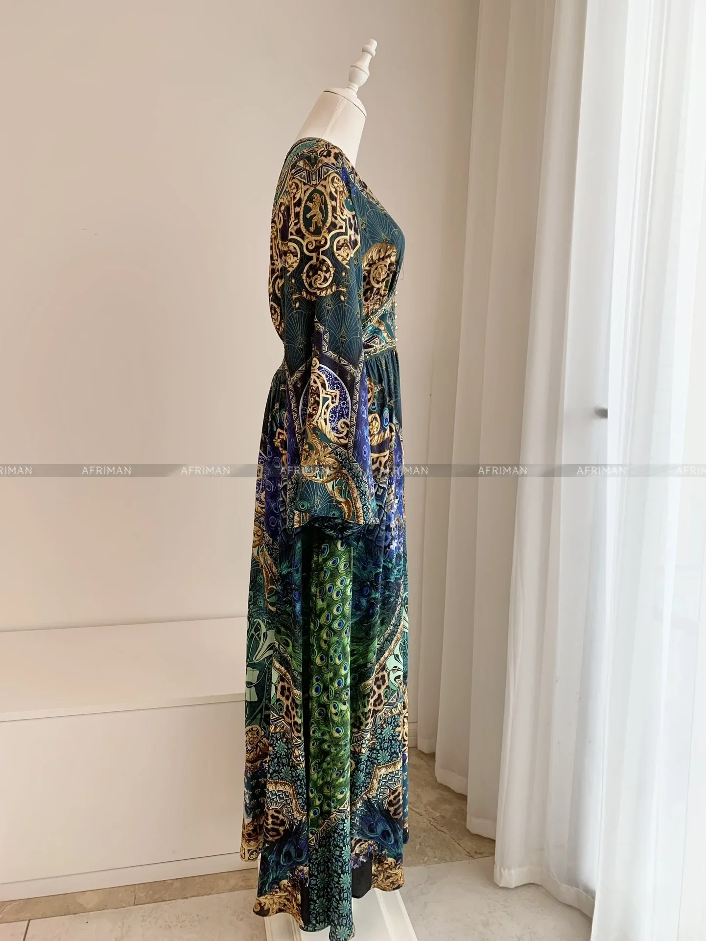 Women V Neck Crystal Beaded Flare Long Sleeve Retro Green Peacock Flower Print 100% Silk Maxi Long Dress