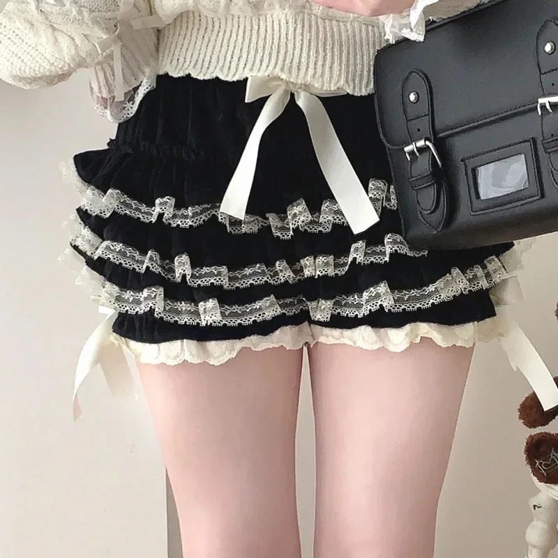 Autumn Winter Warm Lolita Safety Short Pants Women Sweet Chic Plush Bloomers Japanese Y2k Lace Bow Knickers Harajuku Cute Shorts