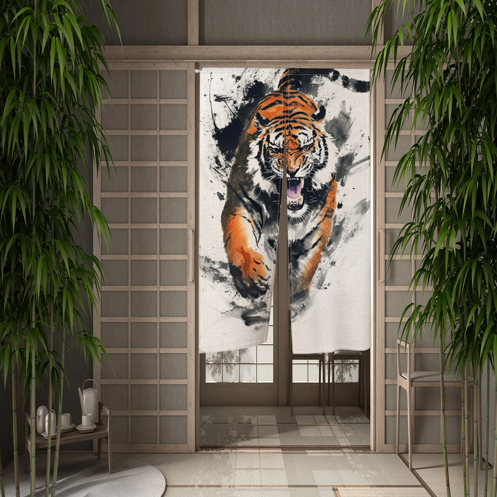 Forest Tiger Japanese Style Door Curtain Bedroom Kitchen Doorway Half-Split Hanging Privacy Partition Opaque Fabric Curtains