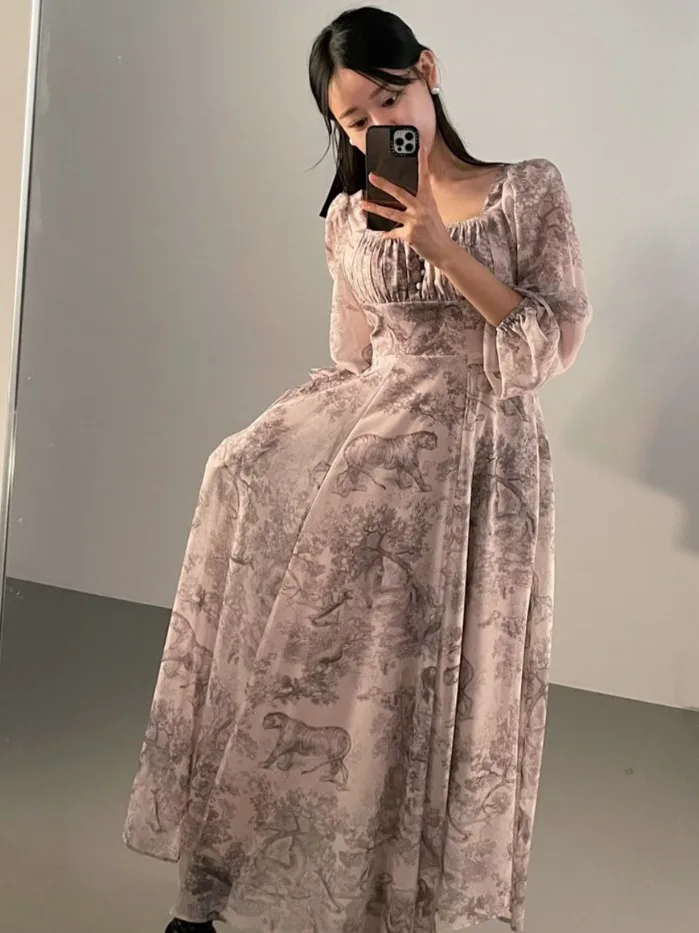 East Gate Ins Retro Padrão Abstrato Vestido Longo F Senhorilhante Manga Sino Vestido Estampado Floral Primavera Outono...