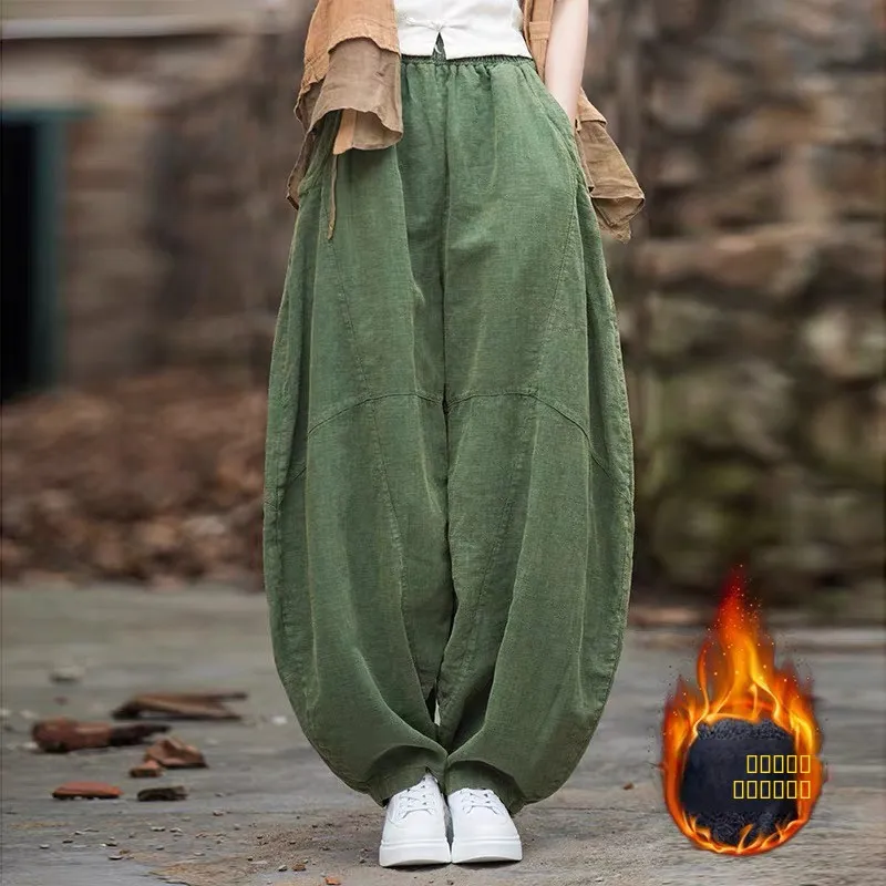 

Ретро-брюки-фонарики из состаренного льна для женщин, зимняя одежда, широкие брюки-морковки, свободные длинные брюки
